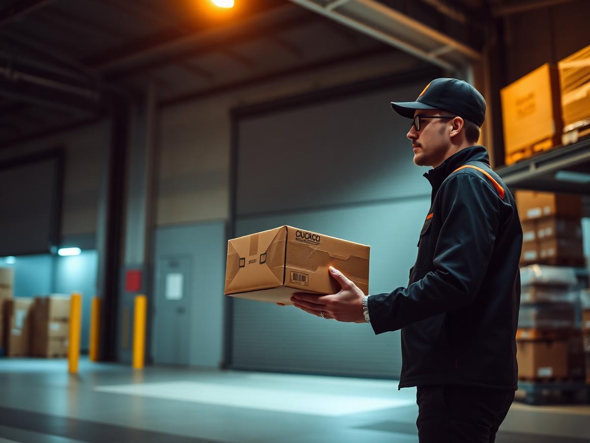 Courier handing a parcel over at a loading bay