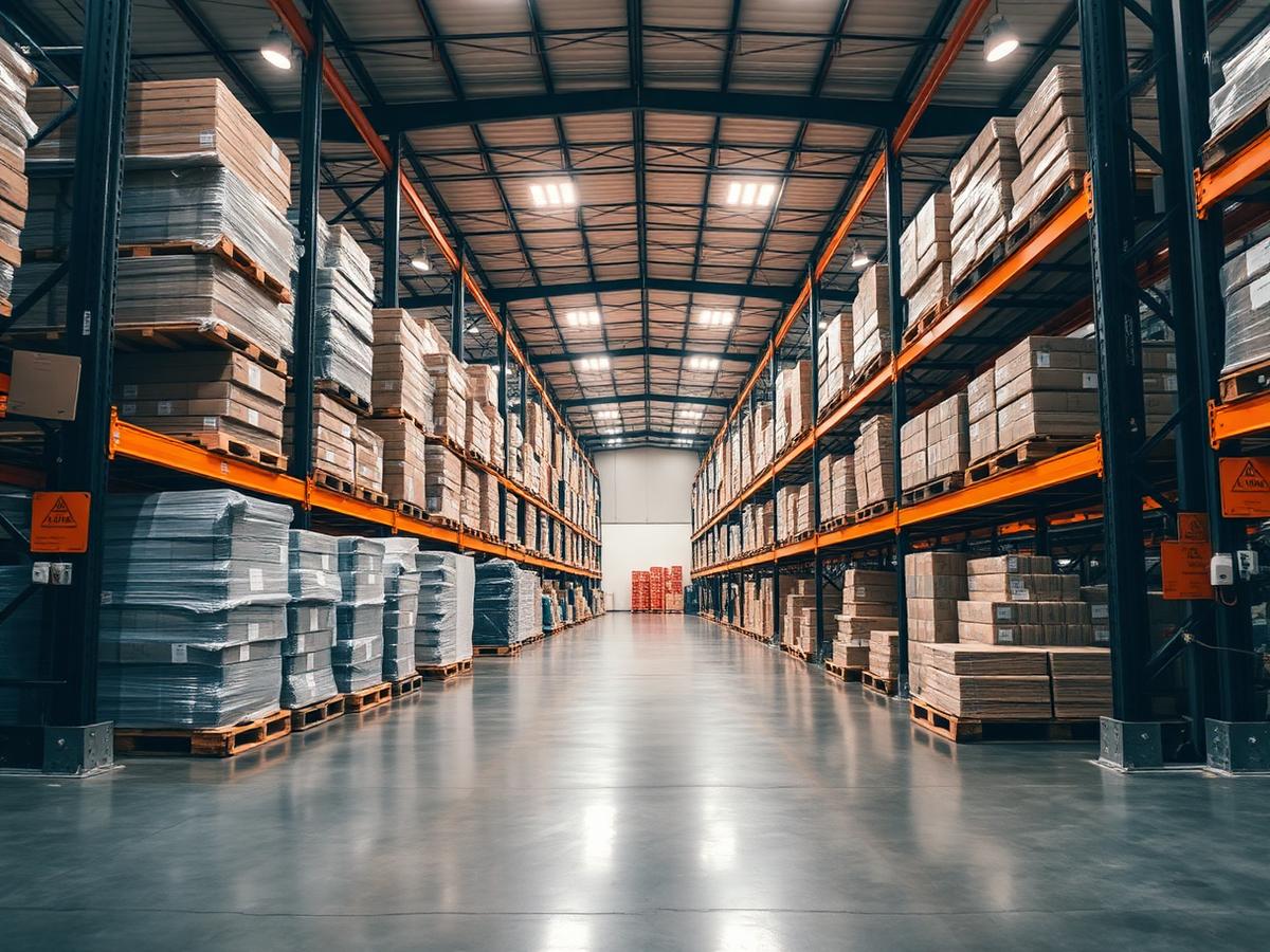 Distribution warehouse with parcels stacked on racking